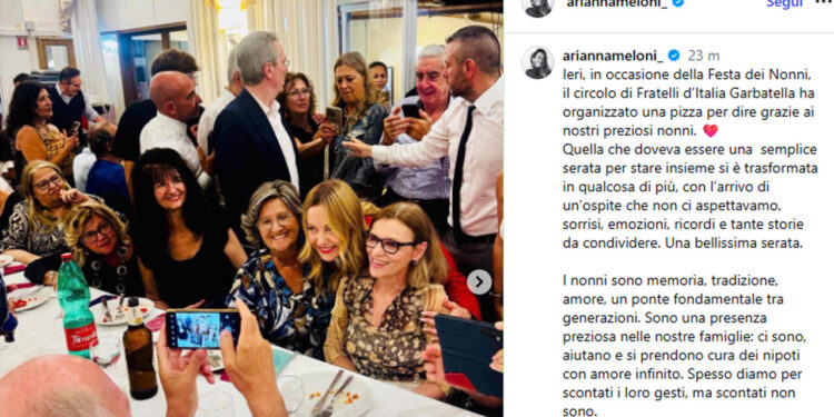La premier a sorpresa alla festa dei Nonni di FdI alla Garbatella a Roma